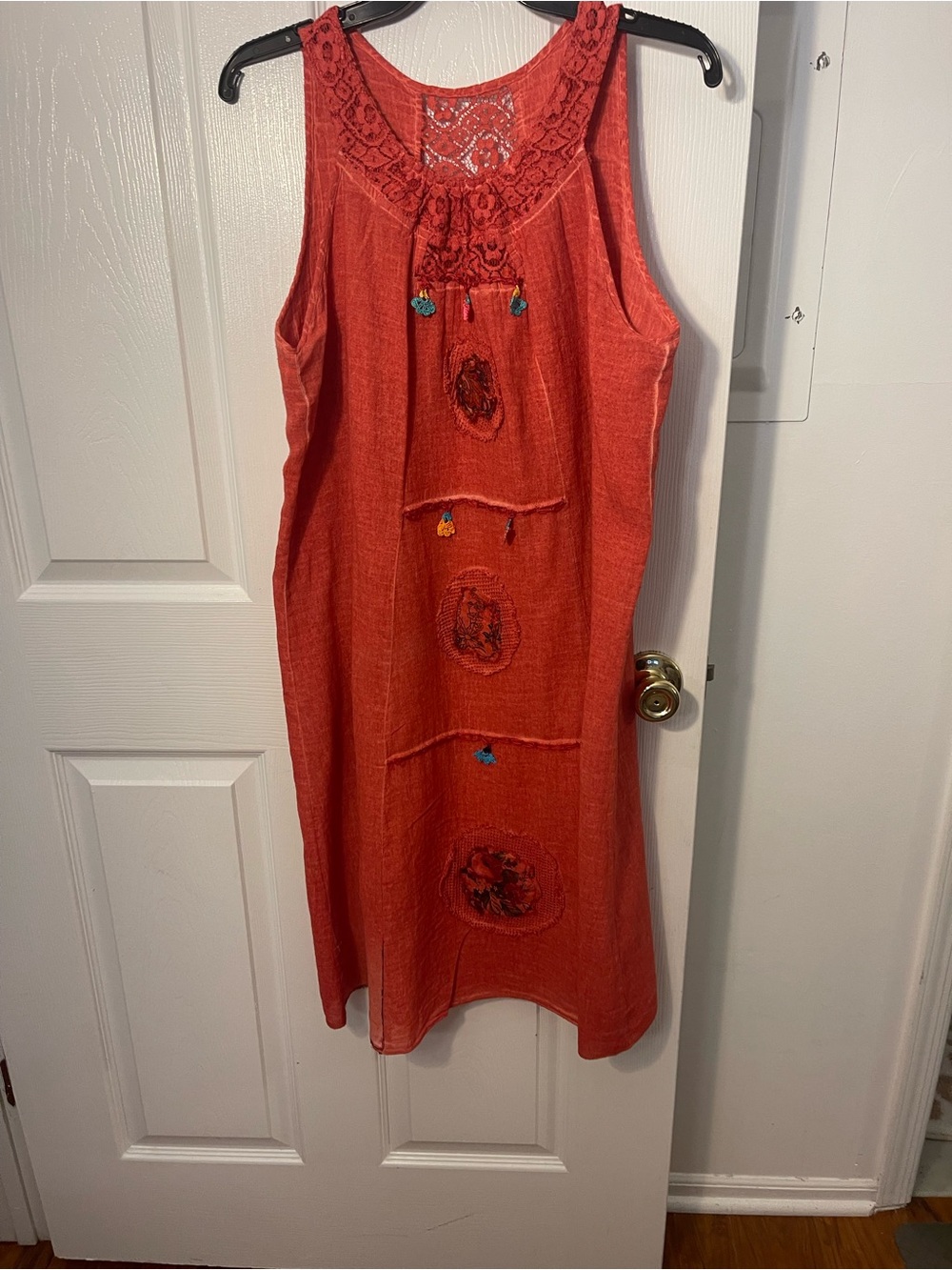 Sleeveless Midi Dress with Crochet Yoke in Red